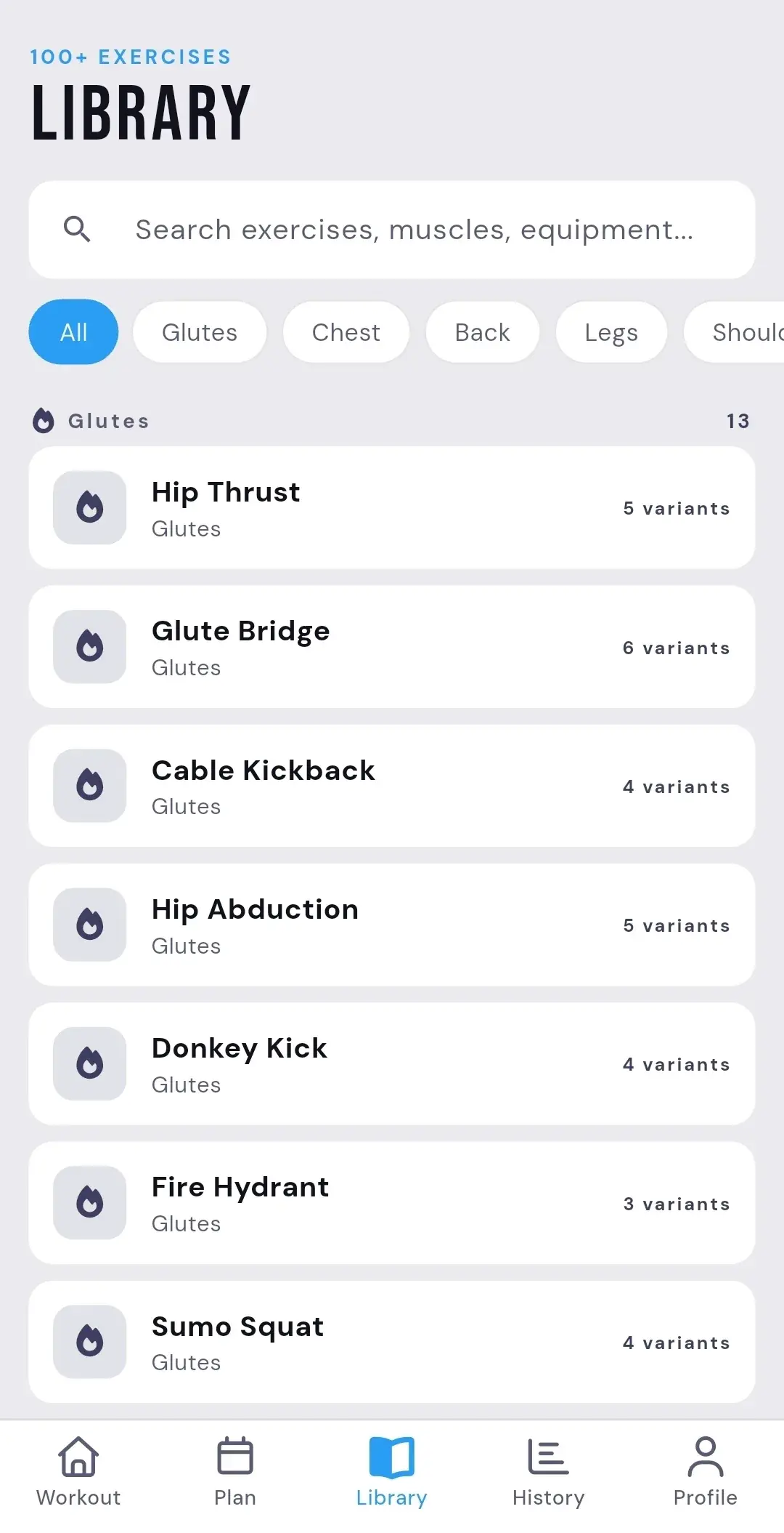 ATHEON searchable exercise library grouped by muscle category (light theme)