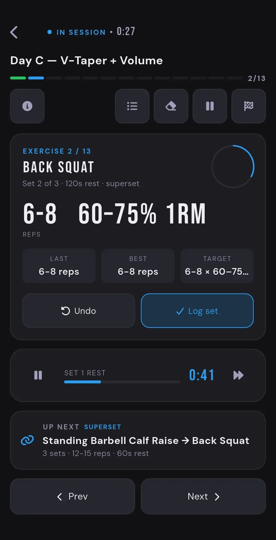 ATHEON focus session showing session progress, the target for the current set, a running rest timer, and the next exercise