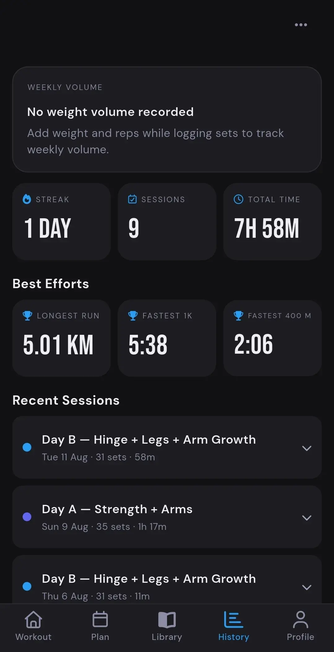 ATHEON history screen with weekly volume, streak, best efforts, and recent sessions (dark theme)