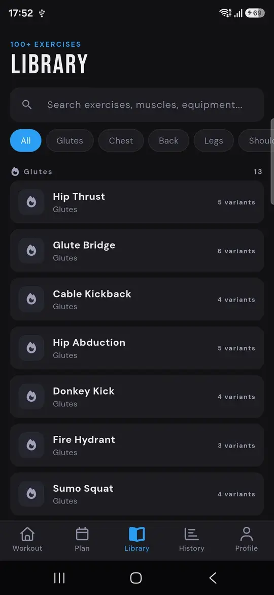 ATHEON dark-mode exercise library