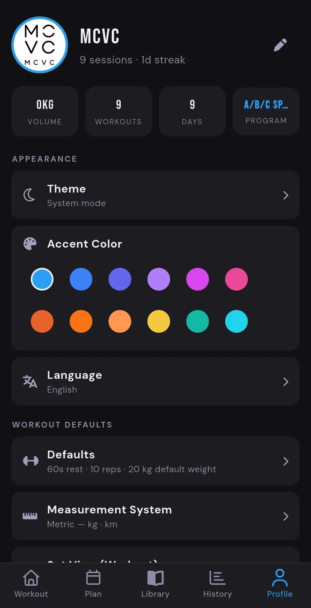 ATHEON profile with theme, accent colour, language, and workout defaults (dark theme)