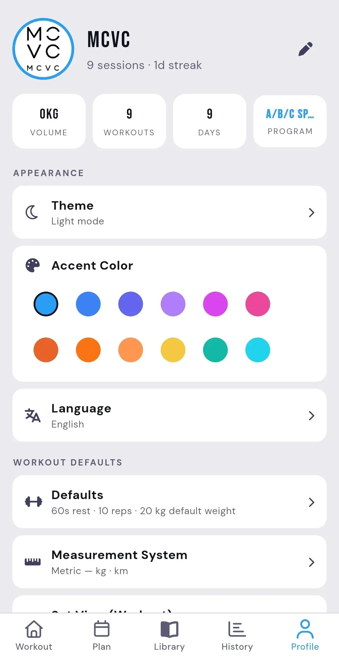 ATHEON profile with theme, accent colour, language, and workout defaults (light theme)