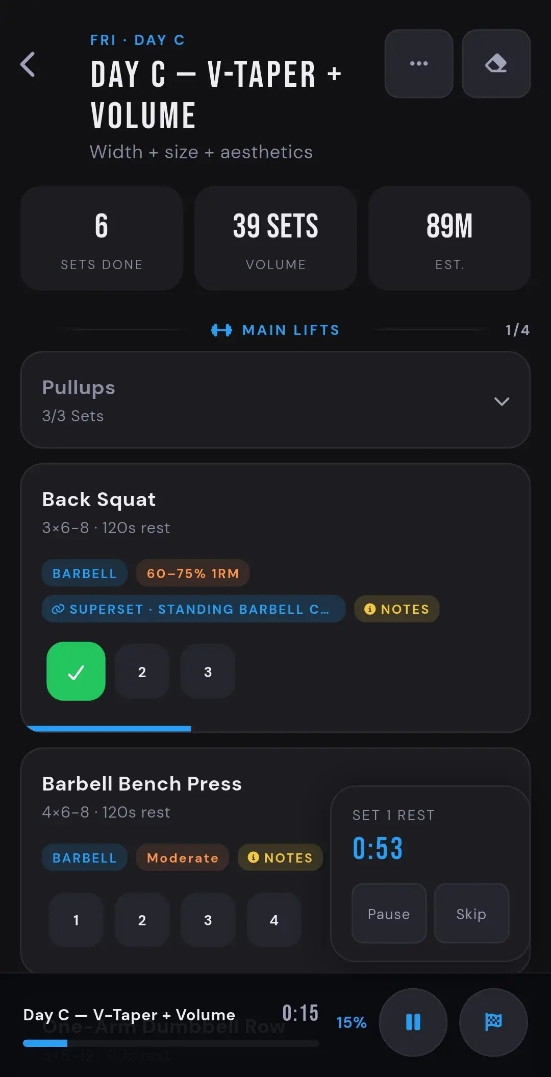 ATHEON compact set view showing set completion per exercise (dark theme)
