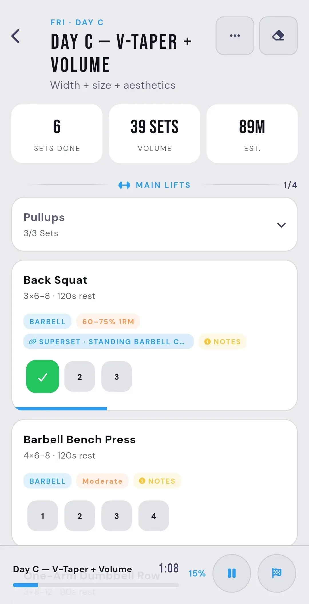 ATHEON compact set view showing set completion per exercise (light theme)