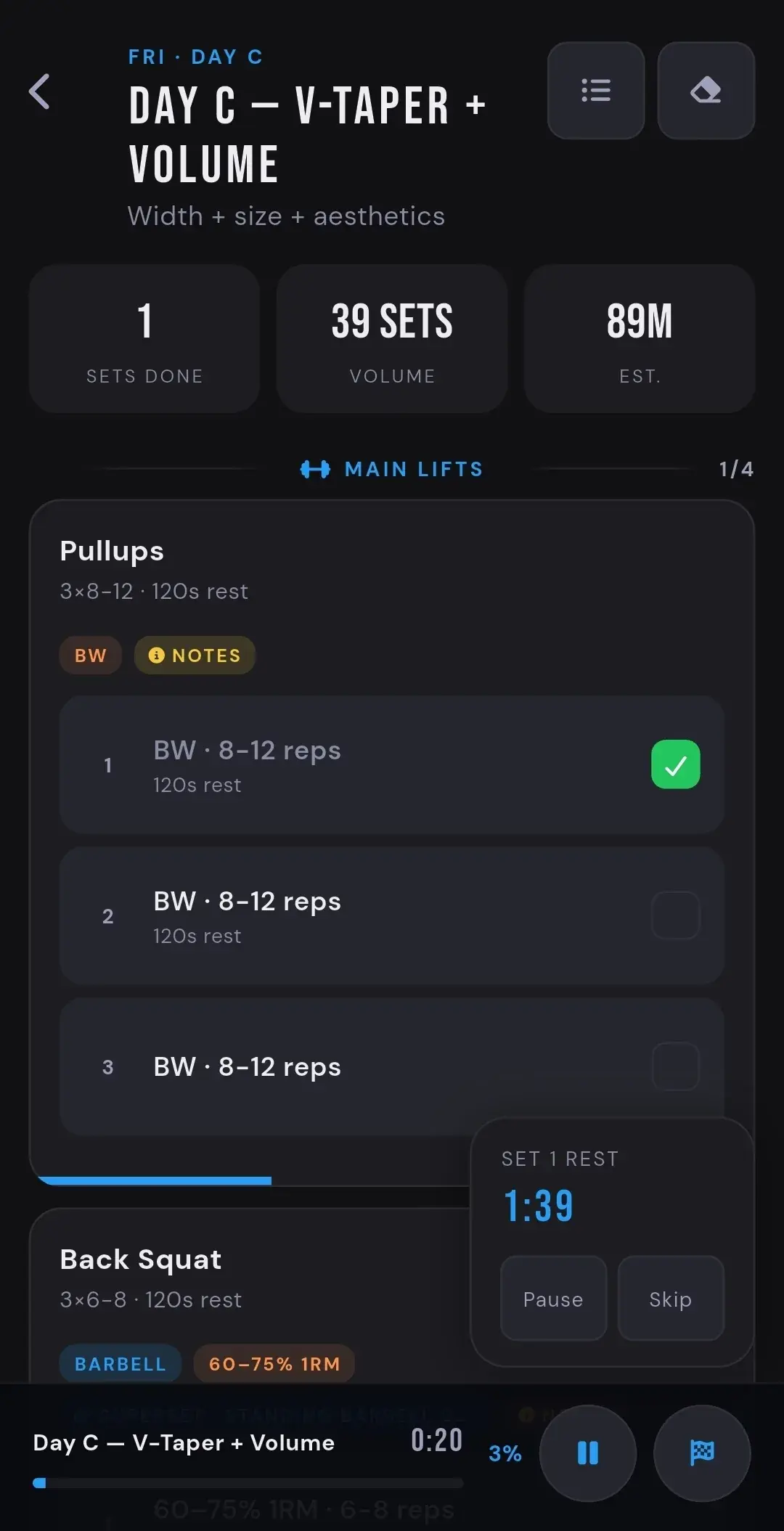 ATHEON list set view with completed sets and a running rest timer (dark theme)