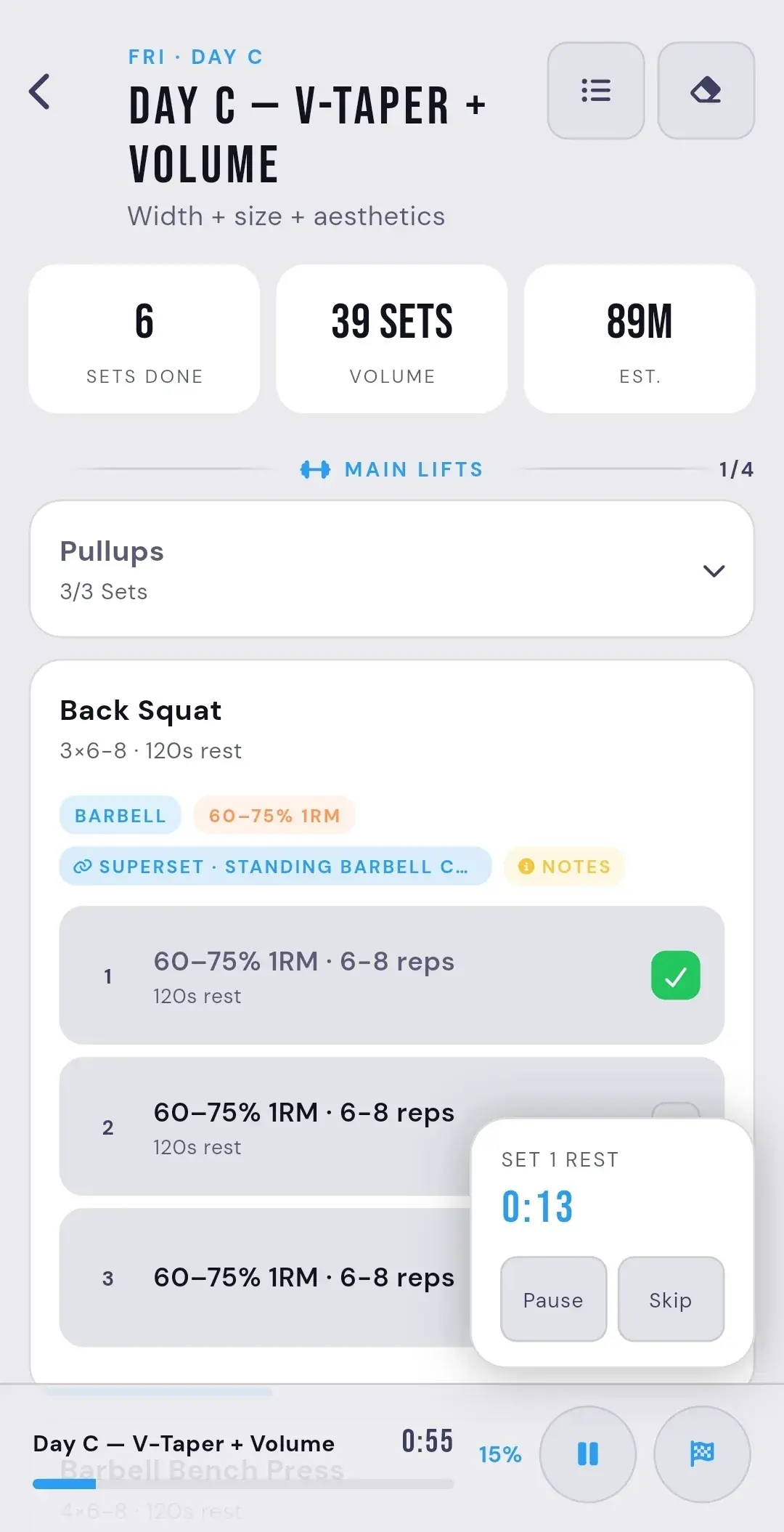 ATHEON list set view with completed sets and a running rest timer (light theme)