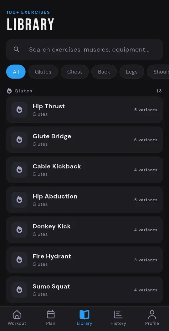 ATHEON dark-mode exercise library